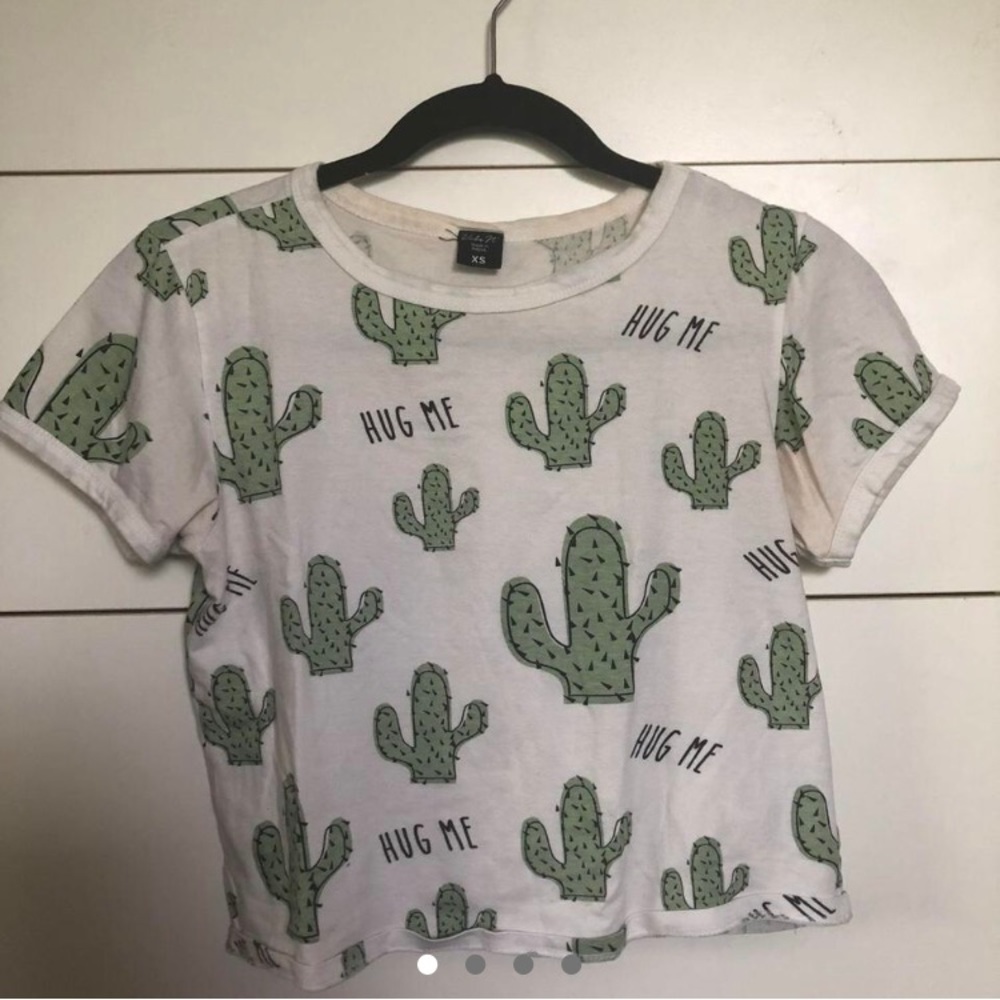 pastel green and white cactus “hug me” graphic crop top